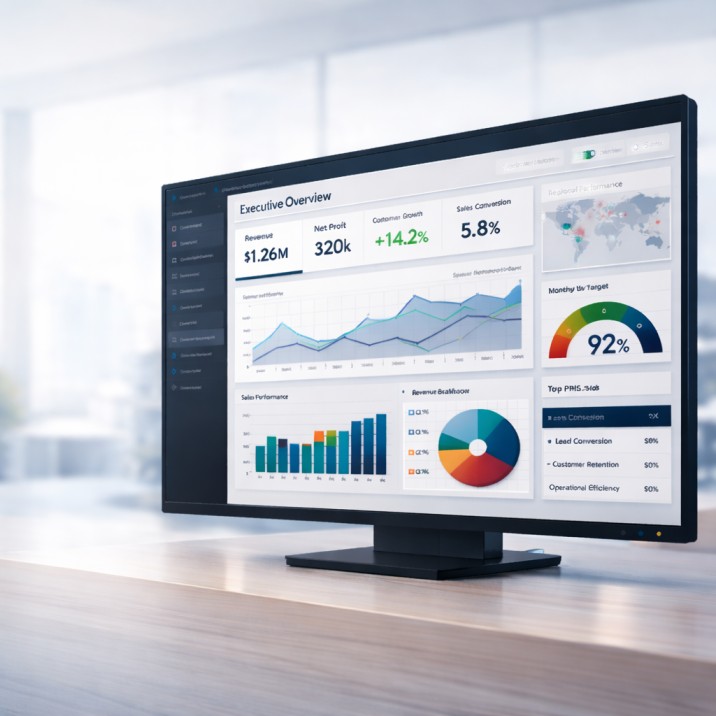 Business Intelligence executive dashboard showing KPI, revenue and performance analytics