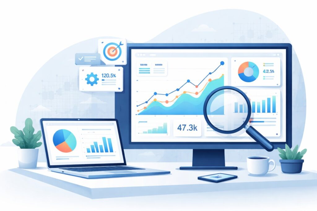 Data analytics dashboard showing performance metrics, charts, and KPI insights on a computer screen.