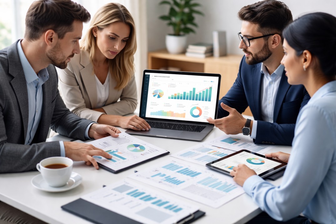 Business team reviewing marketing analytics dashboards and revenue performance reports during strategy meeting