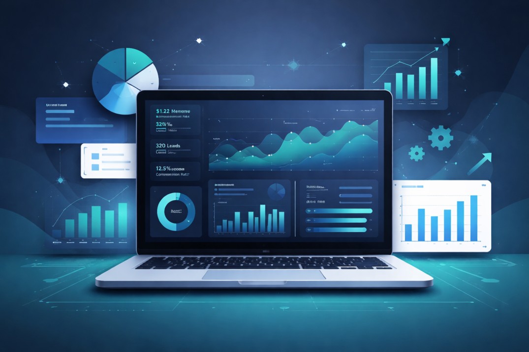 Strategic analytics dashboard visualization displaying business intelligence metrics and KPI reporting systems